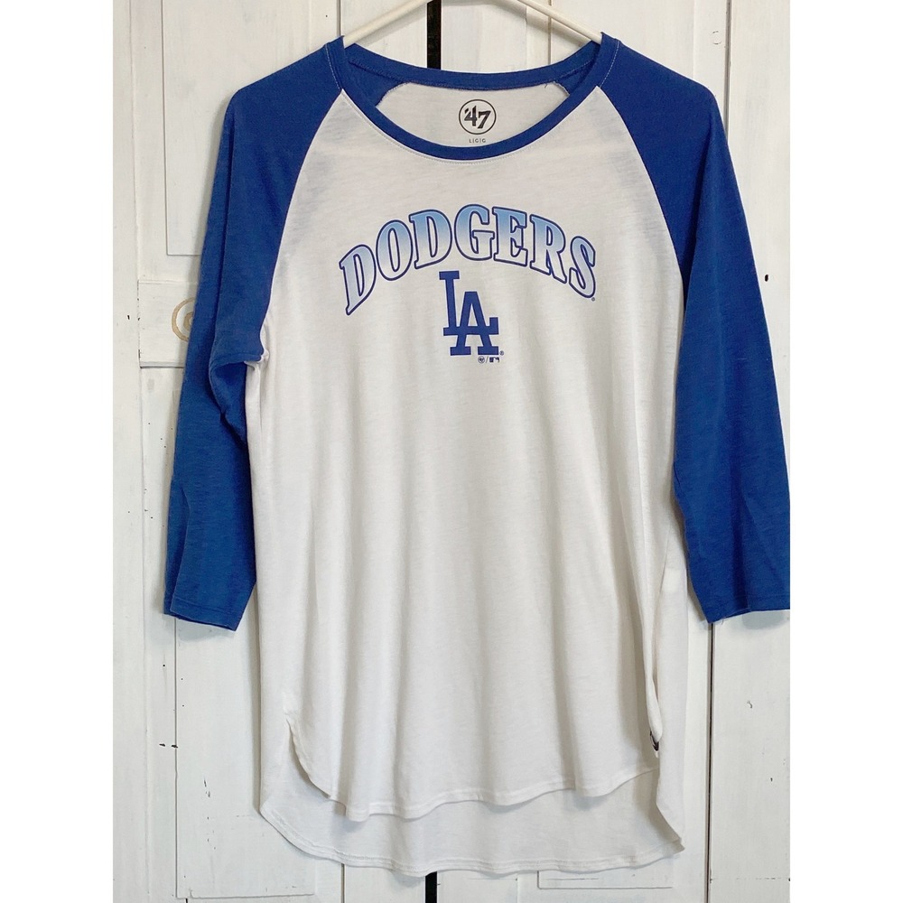 47 Brand Los Angeles Dodgers Womens Raglan 3/4 Sleeve T-Shirt White Blue‎ Large